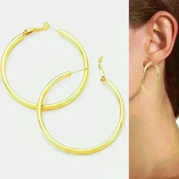 NWT Classic 18K Gold-Plated/1.7" Double Hoop Hypoallergenic Earrings - Picture 3 of 15
